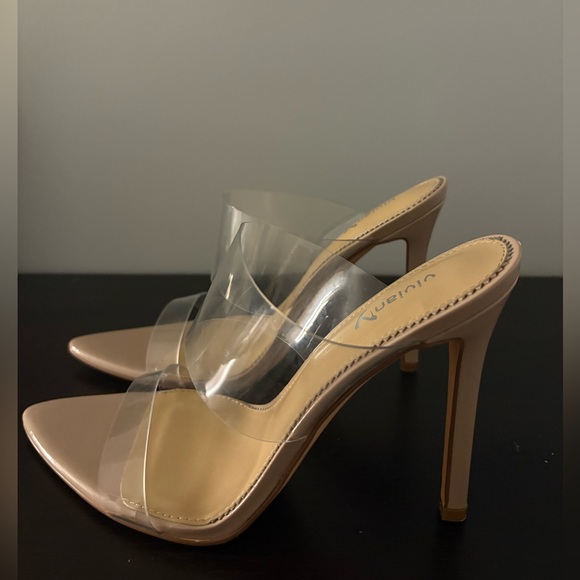 Vivianly Tan and Cream Stiletto Heels with Clear Straps - Picture 3 of 3